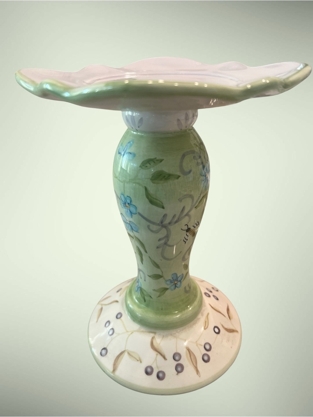 Hand-Painted Ceramic Candle Holder in Green and White